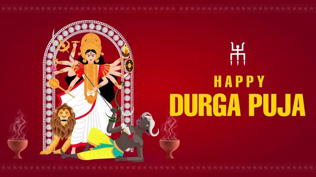 Vibrant animated Durga Puja greeting video card featuring Goddess Durga idol illustration, with dhunuchi perfect for Durga Puja.