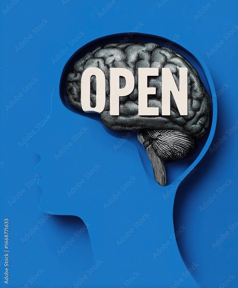 Poster a striking visual concept of an open mind, featuring a classic brain illustration with open text wit