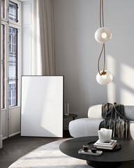 Modern Living Room Poster Frame Mockup with Natural Light and Minimalist Decoration. 3D render.