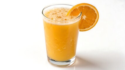 Fototapeta premium Tall glass of fresh orange juice with orange slice isolated on white background