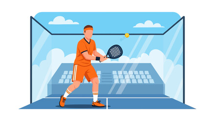 Flat illustration of a male athlete playing padel on a glass-walled court, highlighting focus, agility, and modern racket sports, perfect for fitness, lifestyle, and competitive sports concepts