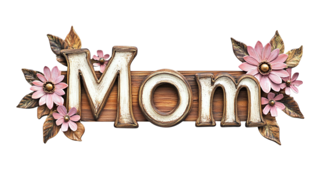 • A wooden "Mom" sign with decorative flowers, isolated on white background in HD 