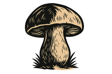 A stylized woodcut-style illustration of a boletus mushroom with bold black and beige contrast. The textured shading and hand-drawn appearance give it a vintage, folk-art feel.
