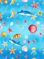 Whimsical watercolor seamless pattern of ocean life with fish starfish jellyfish and shells