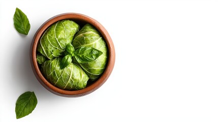 Fresh green leafy vegetables arranged in a round wooden bowl with a white background and a couple of loose leaves for healthy food and nutrition concept