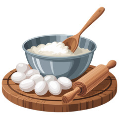 Bowl with flour eggs cooking wood scoop vector illustration isolated on white background