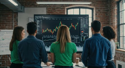 Diverse business team collaborating analyzing stock market data together fostering teamwork insight and strategic planning in a modern workspace