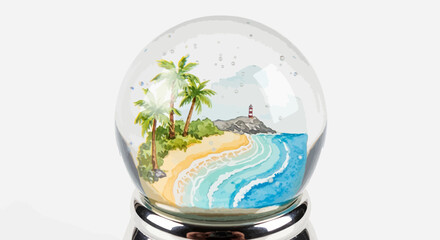 Beach Paradise in a Snow Globe Watercolor Tropical Dream