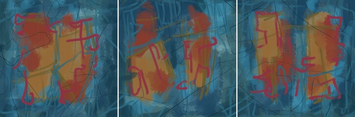 Modern interior triptych. The picture is painted by hand on a tablet.