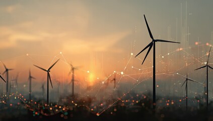 Sunset over a field of wind turbines, overlaid with data visualizations suggesting energy production and distribution