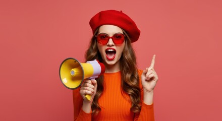 Excited woman in beret shouts into a megaphone sharing a great idea with a finger pointing up on red background