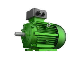 Green Industrial Electric Motor 3D Render Isolated. A high-definition AC Induction Engine, essential for modern engineering and manufacturing projects, isolated on transparent PNG background for