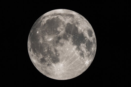 A stunning, high-resolution photograph of the full moon showing intricate lunar details, including craters and surface texture, set against a pure black sky.