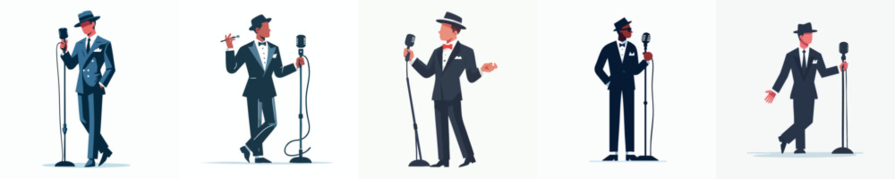 Classic Jazz Crooner Vector Set &ndash; Retro Male Singers with Microphone