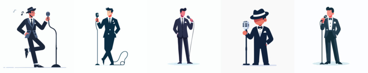 Jazz Crooner Vector Set – Male Singer with Retro Microphone and Classic Tuxedo