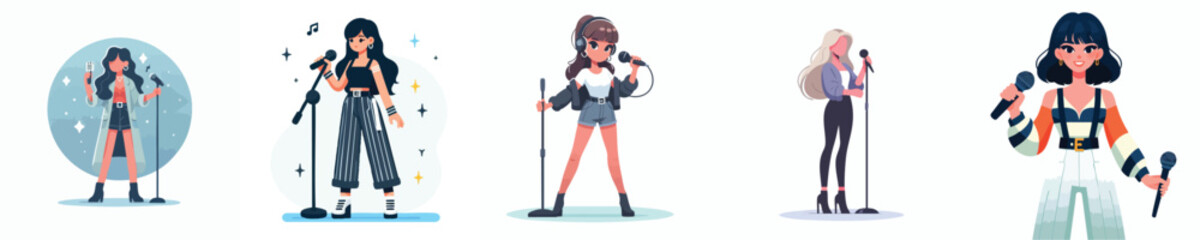 Stylish Female Pop Singer Vector Set &ndash; Girls Performing with Microphones