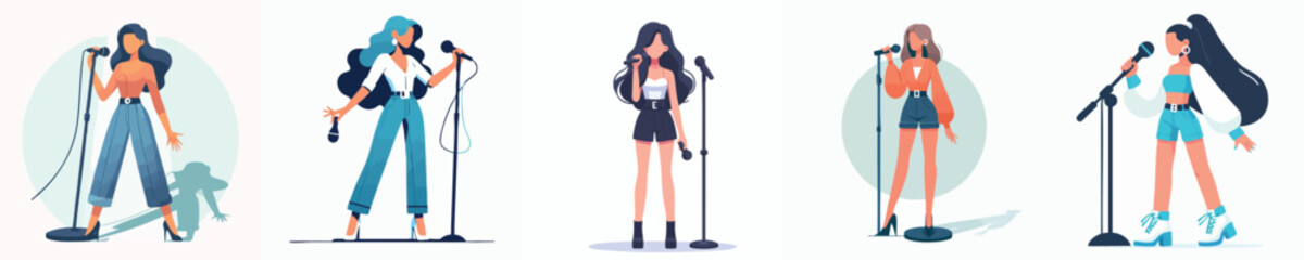 Fototapeta premium Trendy Female Pop Singers Vector Set – Modern Women with Microphone