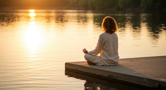 Woman meditating in lotus position on dock at sunset promoting mindful lifestyle wellness - Powered by Adobe