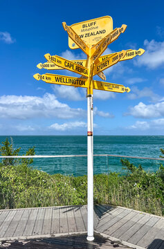 Destination and distance Signpost at Stirling Point, Bluff (Motupohue), South Island, New Zealand