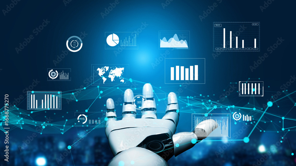 Poster a sleek robotic hand reaches out toward dynamic data visuals and charts, showcasing the intersection