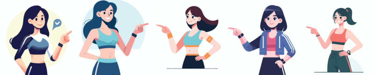 Obraz premium Active Fitness Girl Illustration Pack – Sporty Pointing Pose Characters