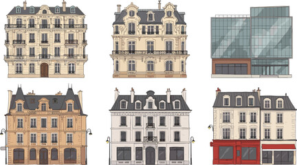 Elegant Parisian and European-style architecture, historical vintage buildings, classic facades, modern glass building, street front view, urban architecture collection