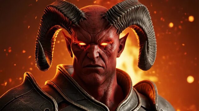 A powerful and evil red demon warrior with large horns and glowing eyes stares menacingly from a fiery hellscape in a dark and epic fantasy scene