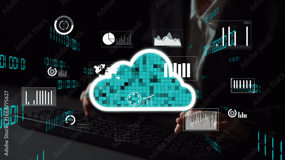 Poster illustrative concept of cloud computing with data visualizations and digital analytics highlighting 