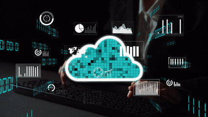 Illustrative concept of cloud computing with data visualizations and digital analytics highlighting the impact of technology on data management and business solutions. Xenic