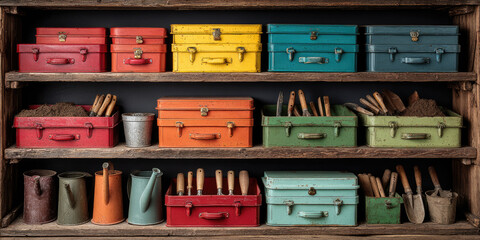 close up view of wooden shelves in a home workshop with neatly organized colorful toolboxes and gardening tools, storage arrangement for household repair and maintenance equipment