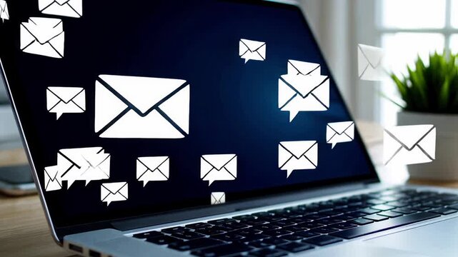 Laptop screen with flying white envelope icons symbolizing digital communication overload and spam emails. Concept of email marketing, inbox management, cybersecurity, and online messaging