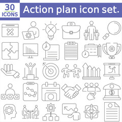   Action plan icon set. Containing planning, schedule, strategy, analysis, tasks, goal, collaboration, and objective icons. Vector illustration