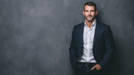 Fototapeta premium A professional businessman in a suit poses against a dark gray background, looking confident.