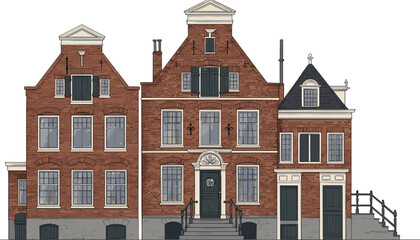 Elegant red brick European building facade with classical columns, large windows, vintage architecture style, historic city architecture front design