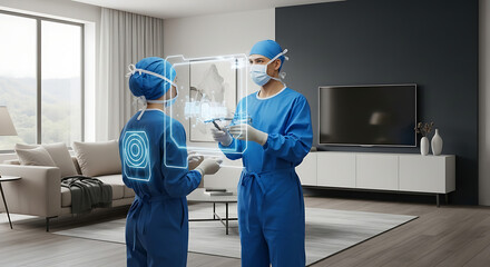 Two surgeons in scrubs with augmented reality interface in a modern living room setting discussing surgery