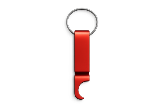 Red minimalist bottle opener keychain on transparent background