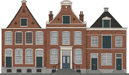 Elegant red brick European building facade with classical columns, large windows, vintage architecture style, historic city architecture front design