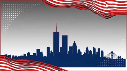 Patriotic tribute to the september 11th attacks with the new york city skyline, american flag waving, and a somber remembrance of the tragic event