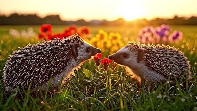 Two hedgehogs face each other in a field of colorful flowers during sunset