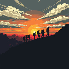 Fototapeta premium Hiking Silhouette with Sunset Mountain Landscape Vector