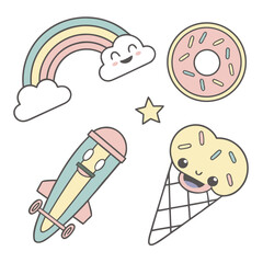 Flat vector sticker pack, pastel colors, fun minimal style