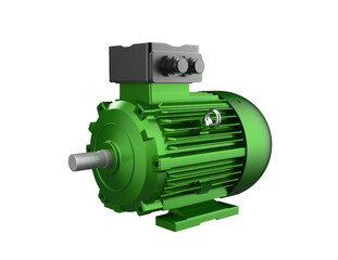 Vibrant Green Industrial Electric Motor 3D Render. High-resolution, isolated machine component for factory automation, energy efficiency, and modern power generation. Essential electrical equipment.