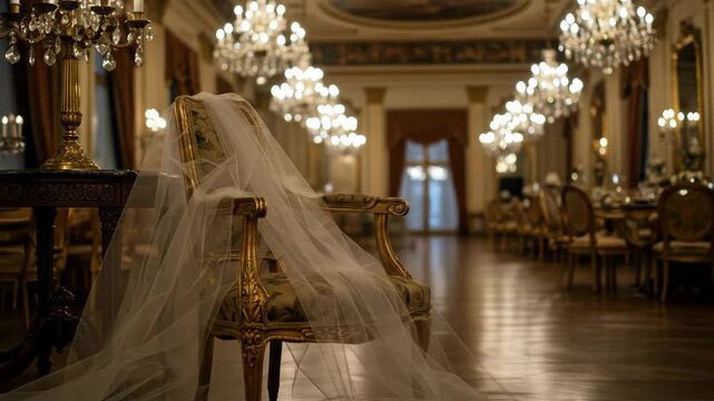 Elegant Bridal Veil Draped Over Gilded Chair in Ballroom - A delicate bridal veil is artfully draped over an ornate gilded chair in a grand ballroom.