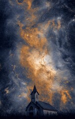 Celestial Church Under Vibrant Cosmic Sky
