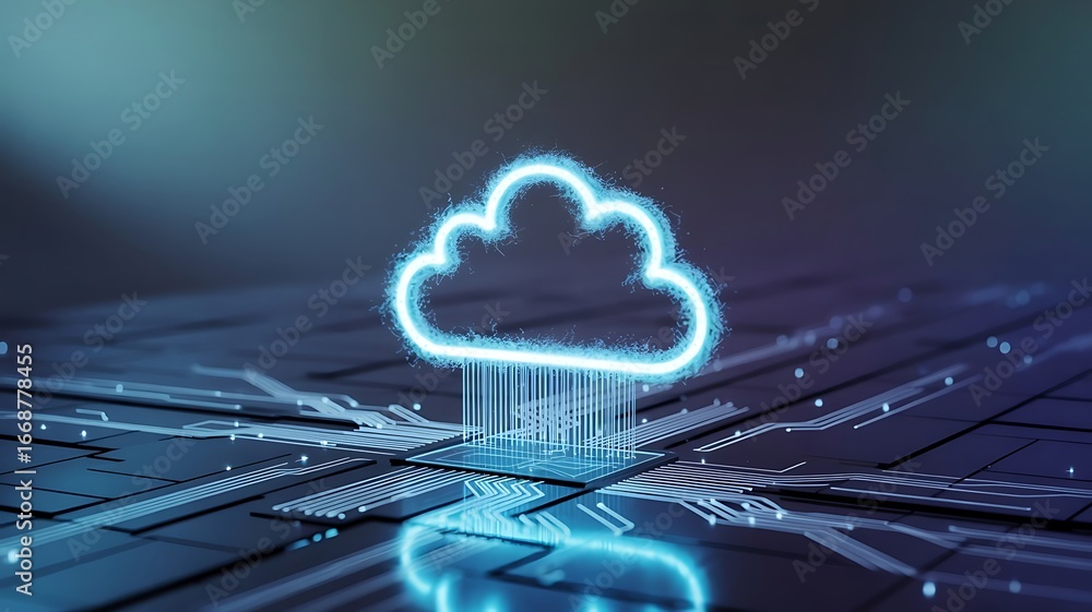 Poster illuminated cloud symbol over circuit board a representation of cloud computing