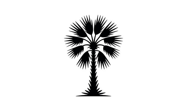 Palm tree minimalist flat logo, palmetto logo, silhouette vector illustration, black and white background
