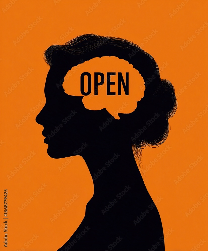 Poster black silhouette of a womans head in profile with an orange brain cutout displaying the word open, s