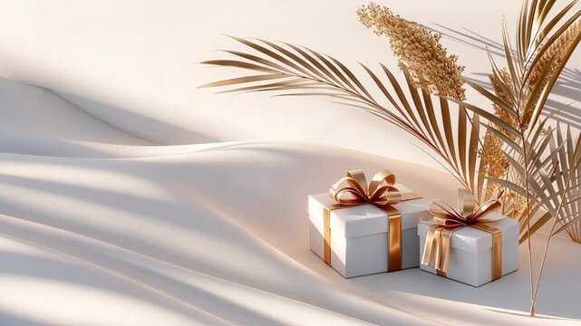 Beautifully arranged gift boxes with golden bows sit in a calming sandy setting, complemented by soft foliage under warm sunlight