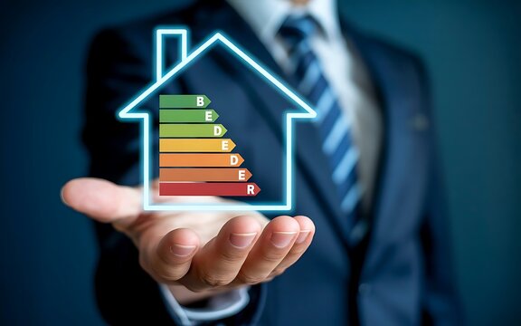 Digital energy efficiency chart inside a house icon held in a hand