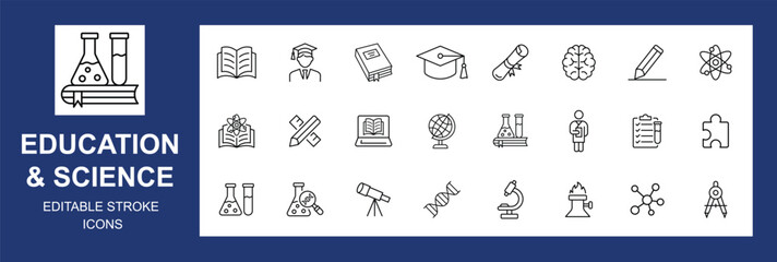 Education and science glyph icon set. Vector pictograms of atom, microscope, test tube, flask, telescope, laptop, checklist, clipboard, Editable stroke. Vector illustration.